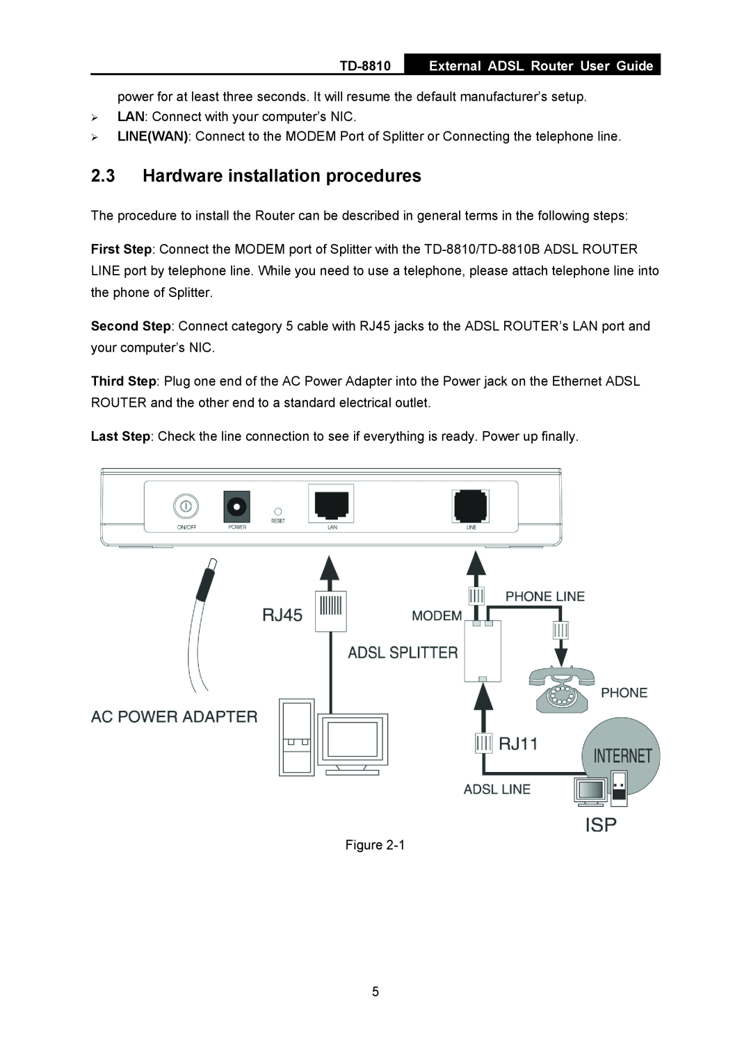 TP-Link TD-8810B manual Hardware installation procedures, External ADSL Router User Guide 