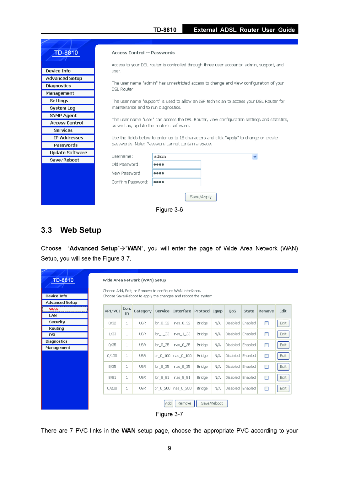 TP-Link TD-8810B manual Web Setup, External ADSL Router User Guide 