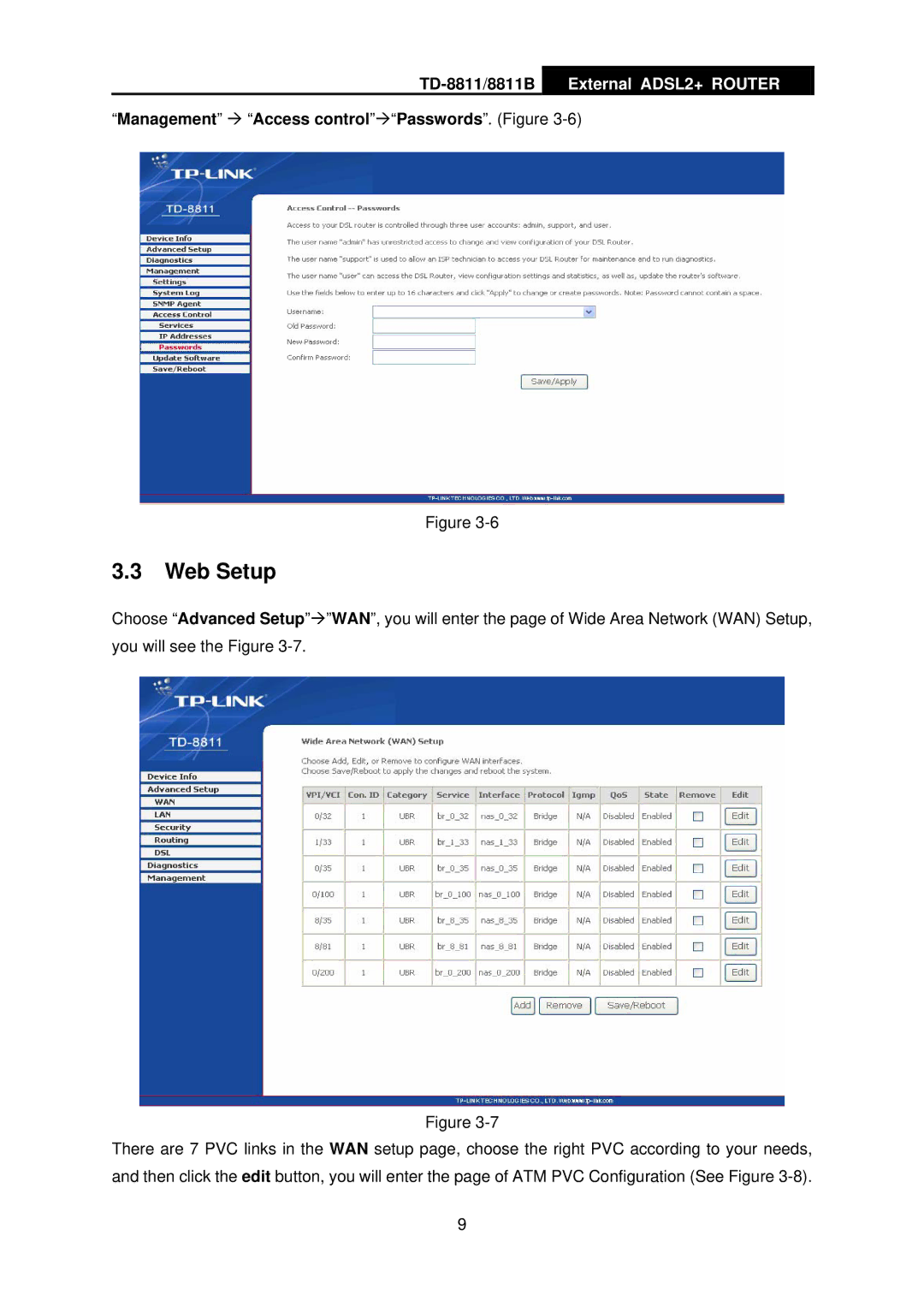 TP-Link TD-8811B manual Web Setup, Management Æ Access controlÆPasswords. Figure 