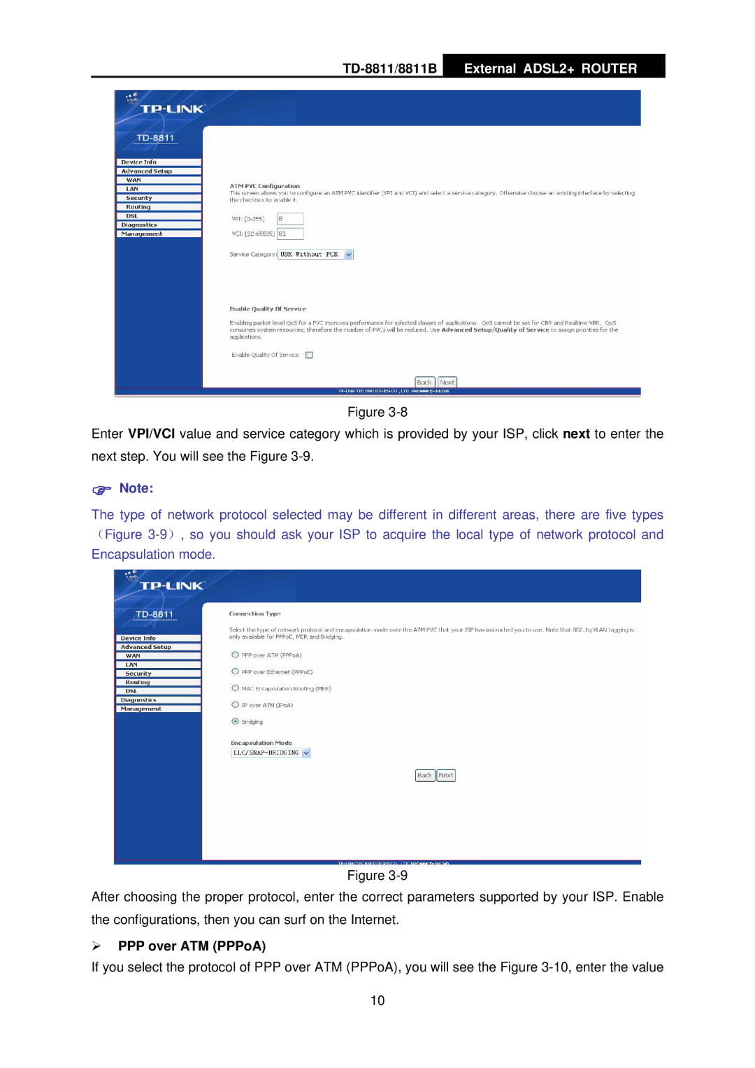 TP-Link TD-8811B manual ¾ PPP over ATM PPPoA 