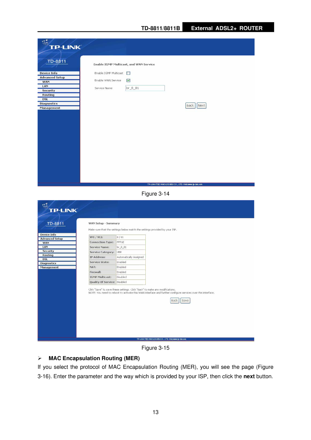 TP-Link TD-8811B manual ¾ MAC Encapsulation Routing MER 