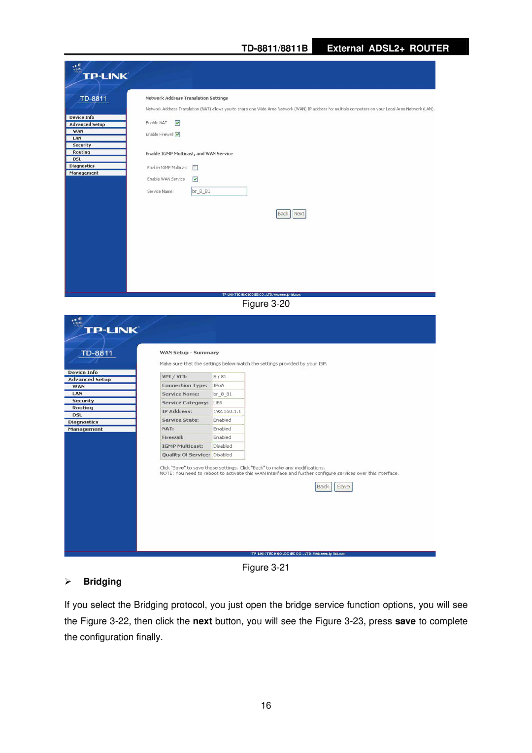 TP-Link TD-8811B manual ¾ Bridging 