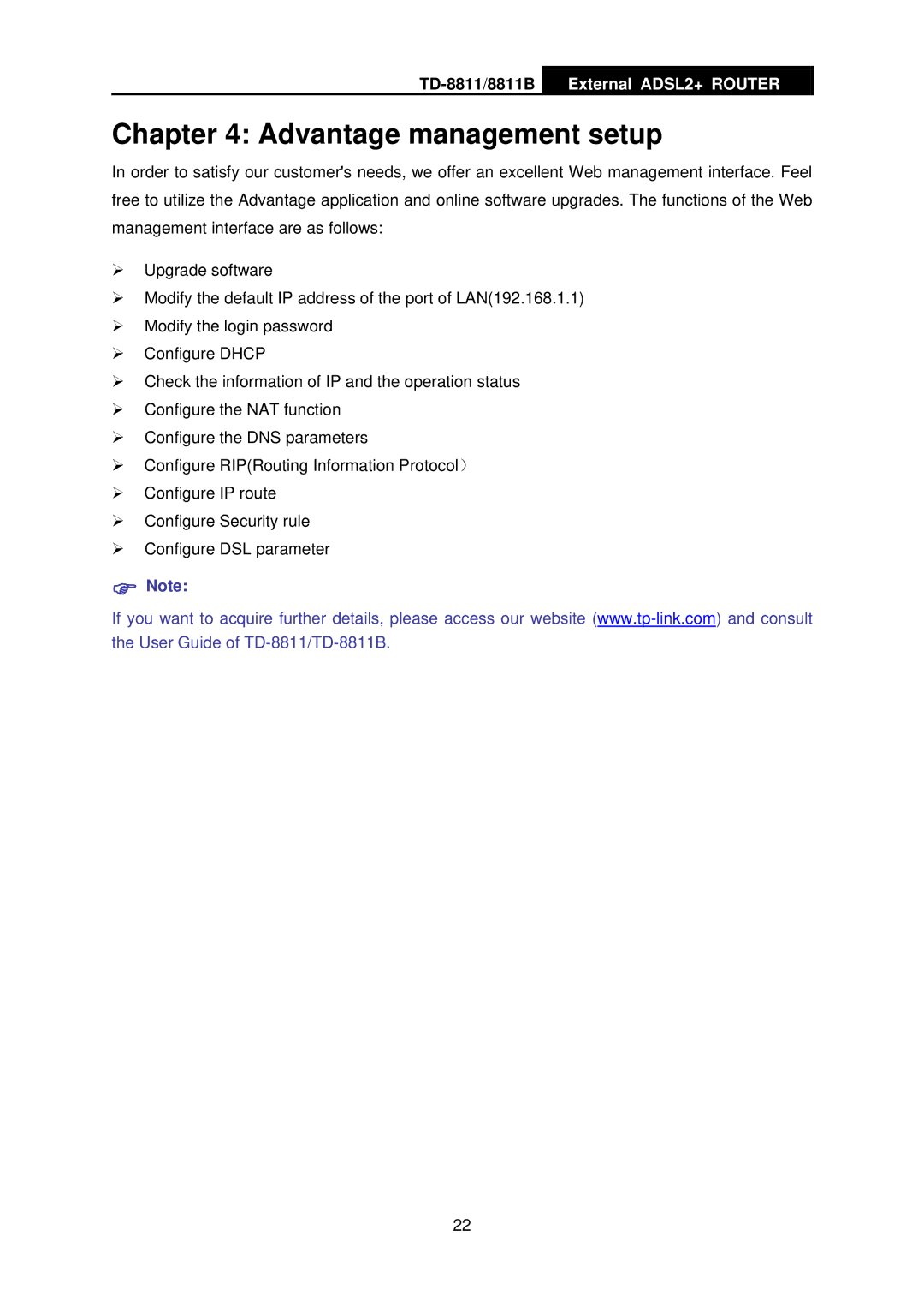 TP-Link TD-8811B manual Advantage management setup 