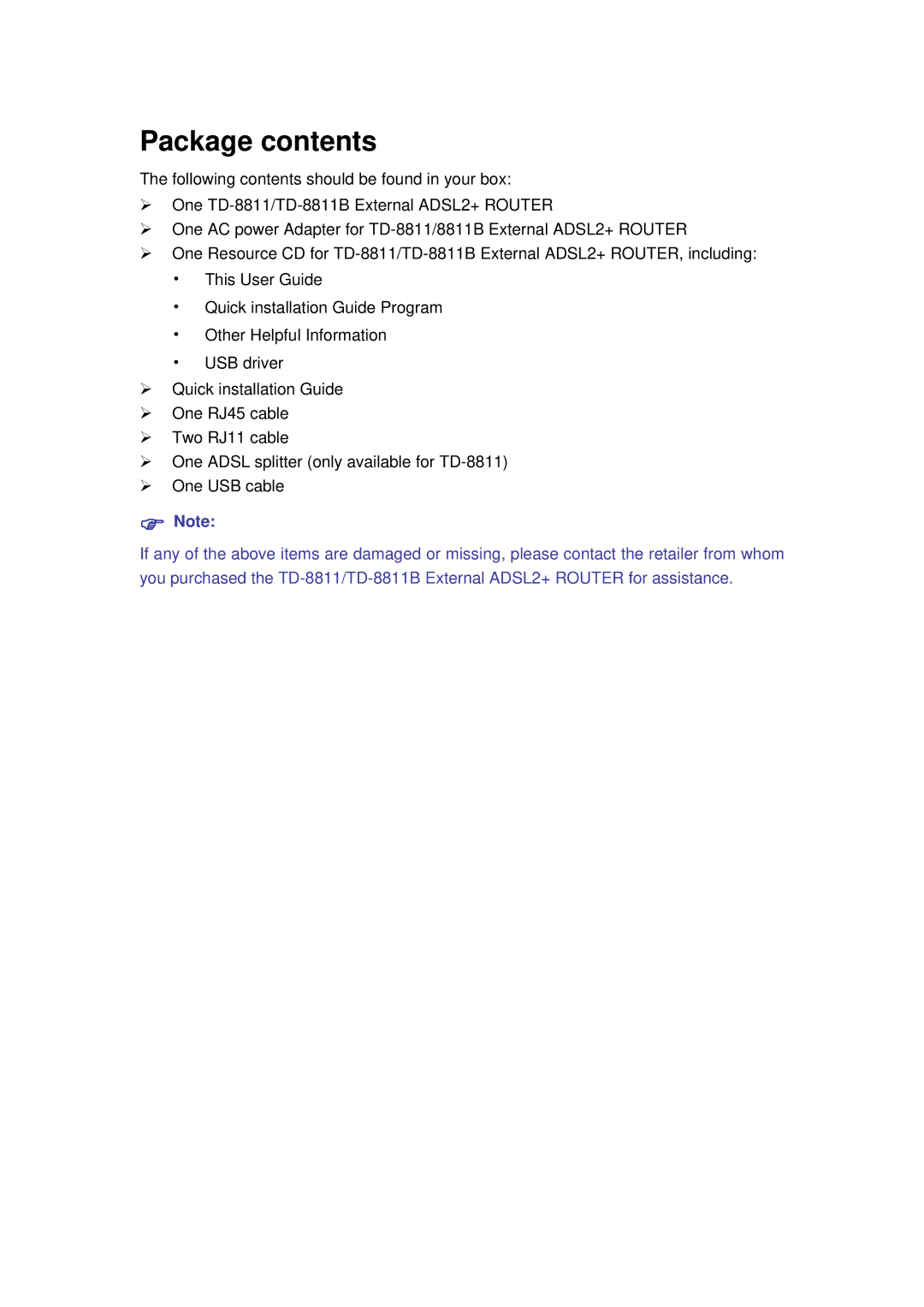 TP-Link TD-8811B manual Package contents 