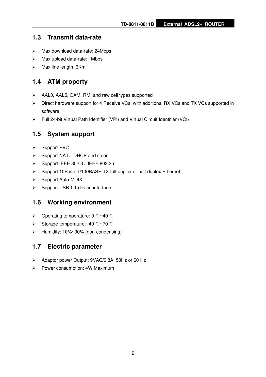 TP-Link TD-8811B manual Transmit data-rate, ATM property, System support, Working environment, Electric parameter 