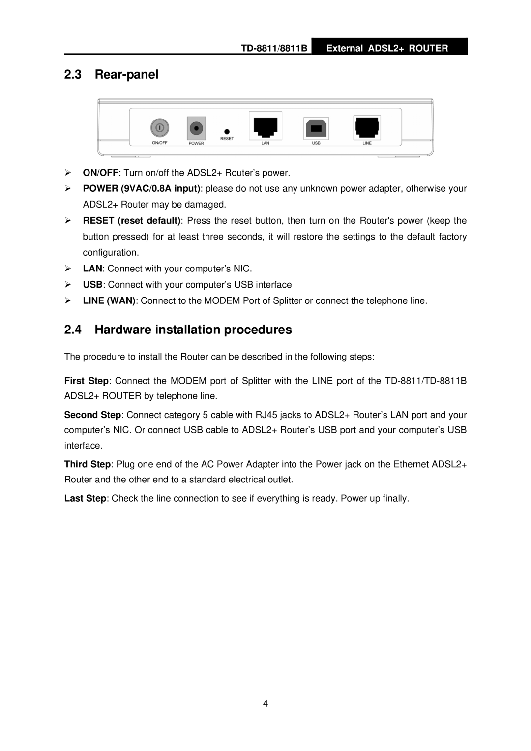 TP-Link TD-8811B manual Rear-panel, Hardware installation procedures 