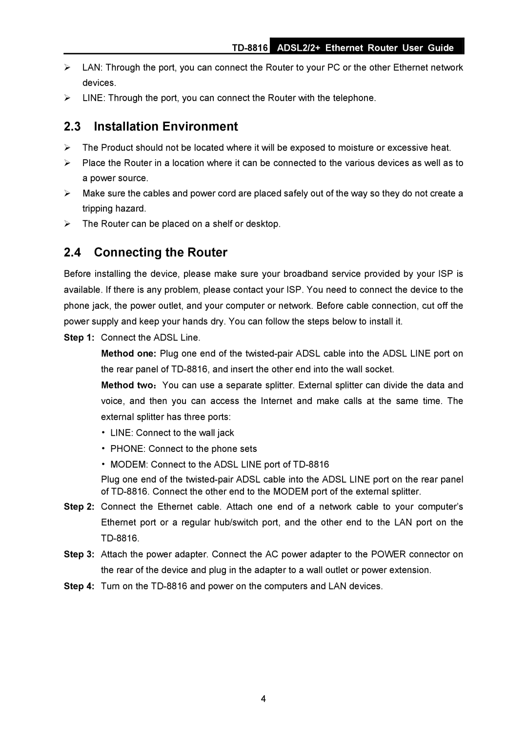 TP-Link TD-8816 manual Installation Environment, Connecting the Router 