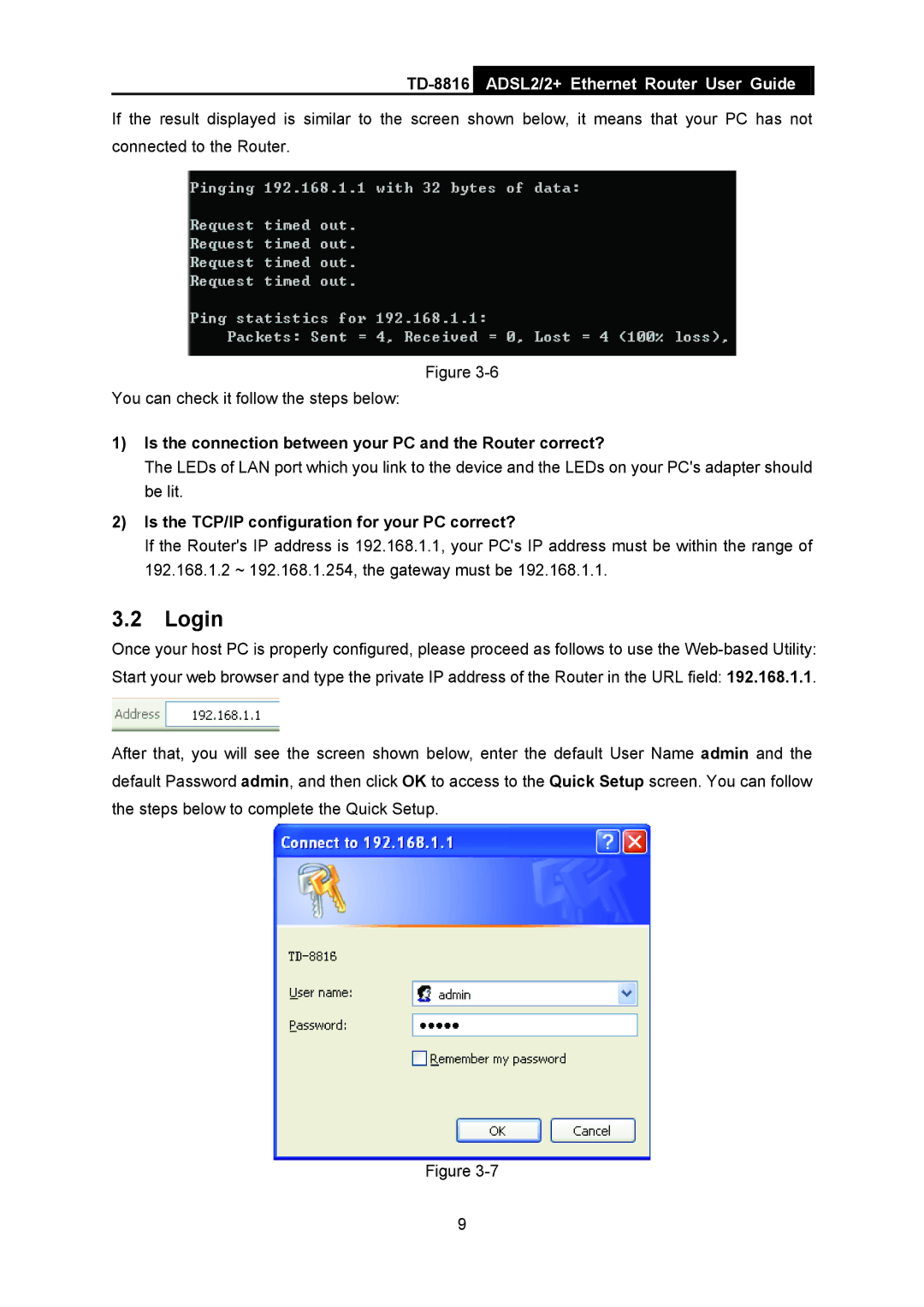 TP-Link TD-8816 manual Login, Is the connection between your PC and the Router correct? 