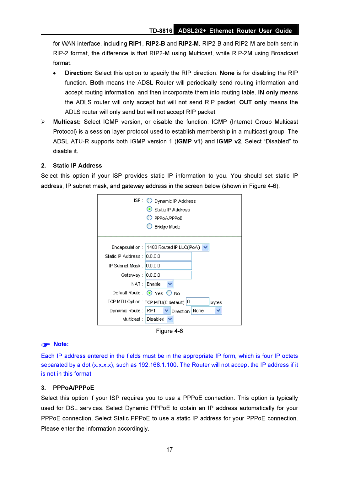 TP-Link TD-8816 manual Static IP Address, PPPoA/PPPoE 