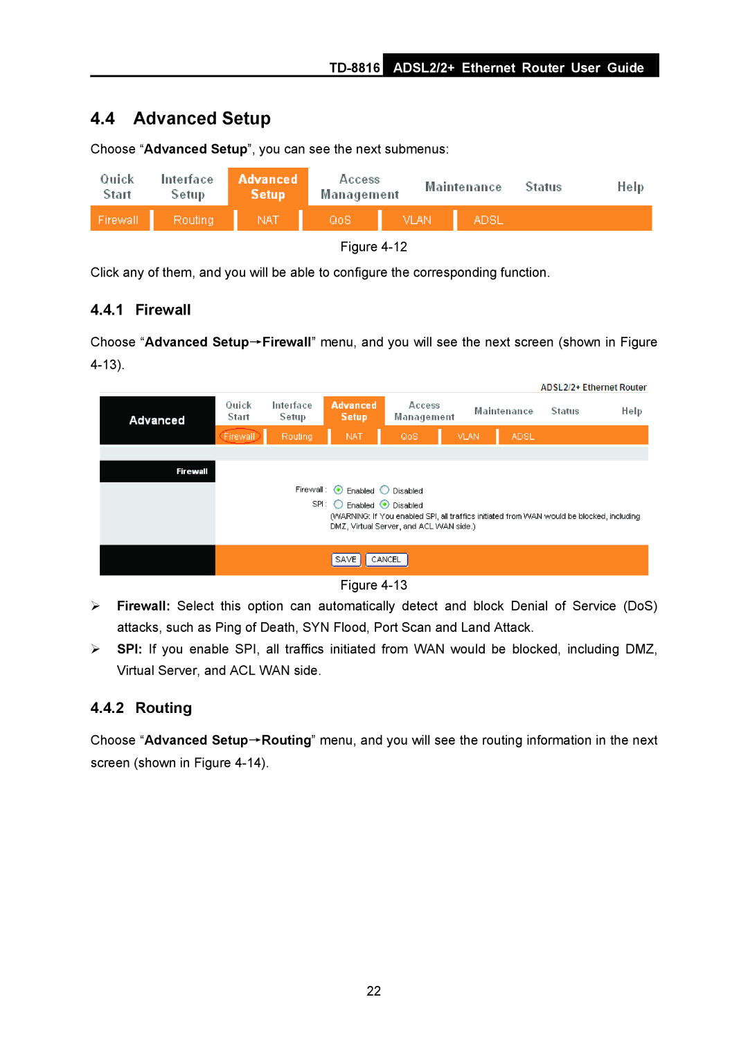 TP-Link TD-8816 manual Advanced Setup, Firewall, Routing 