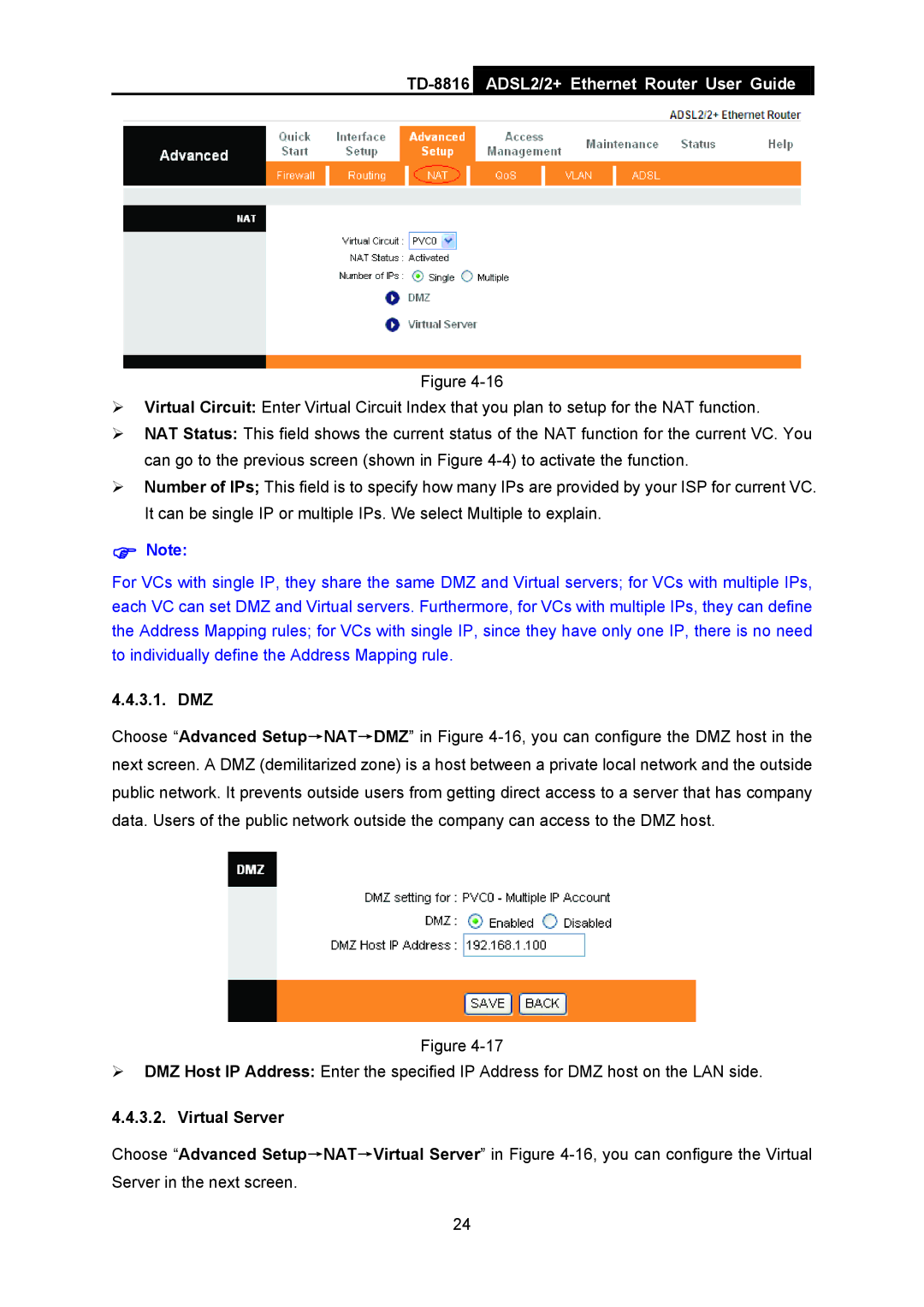 TP-Link TD-8816 manual Dmz, Virtual Server 