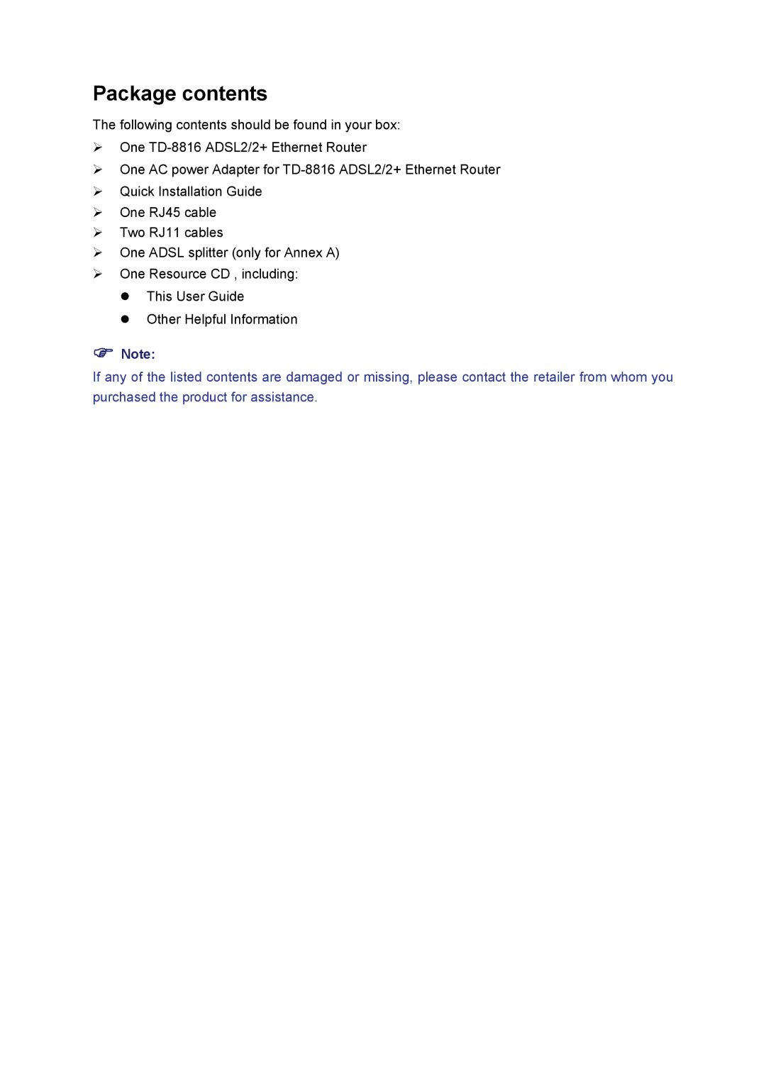 TP-Link TD-8816 manual Package contents 