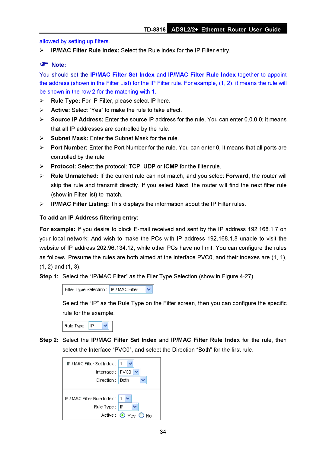 TP-Link TD-8816 manual To add an IP Address filtering entry 