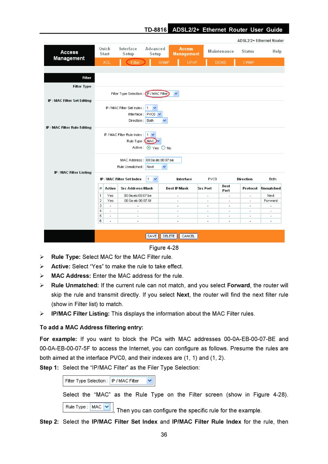 TP-Link TD-8816 manual To add a MAC Address filtering entry 