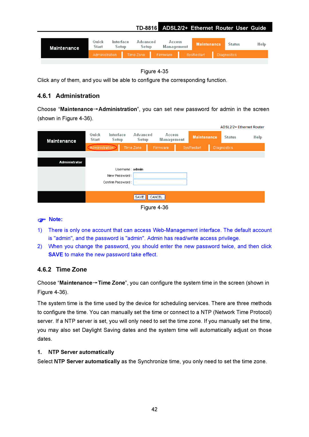 TP-Link TD-8816 manual Administration, Time Zone, NTP Server automatically 