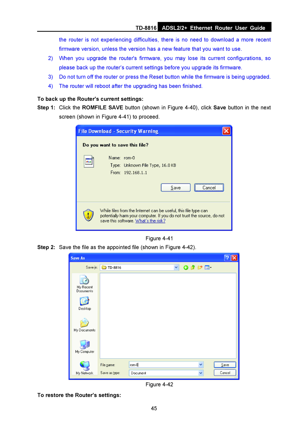 TP-Link TD-8816 manual To back up the Router’s current settings, To restore the Router’s settings 