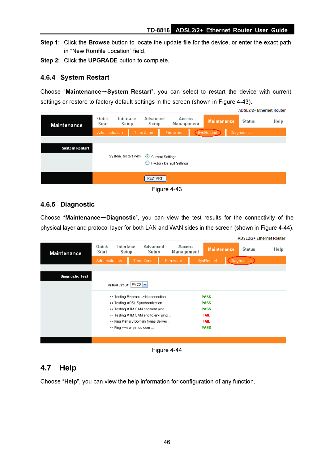 TP-Link TD-8816 manual Help, System Restart, Diagnostic 