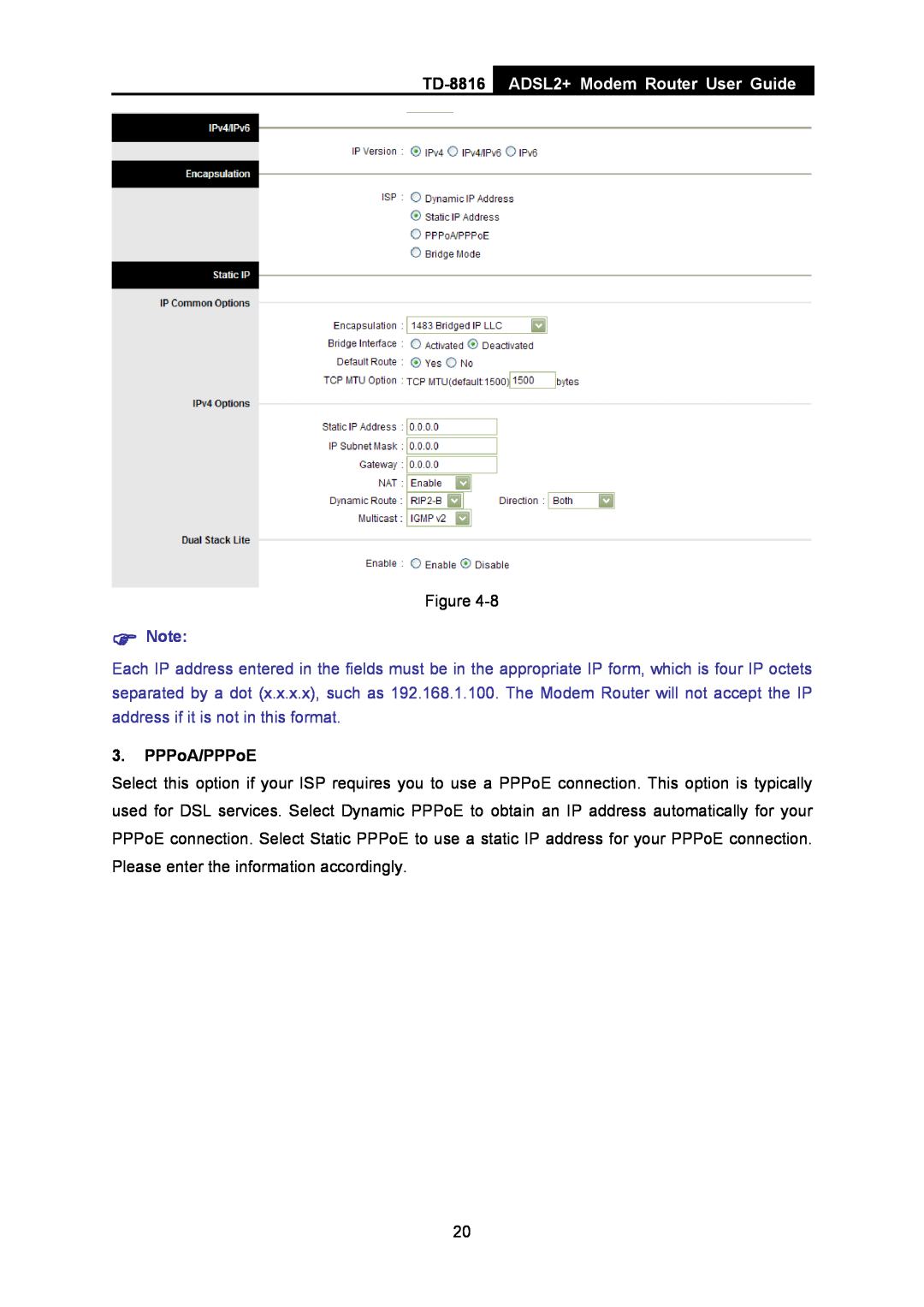 TP-Link TD-8816 manual ADSL2+ Modem Router User Guide,  Note, PPPoA/PPPoE 