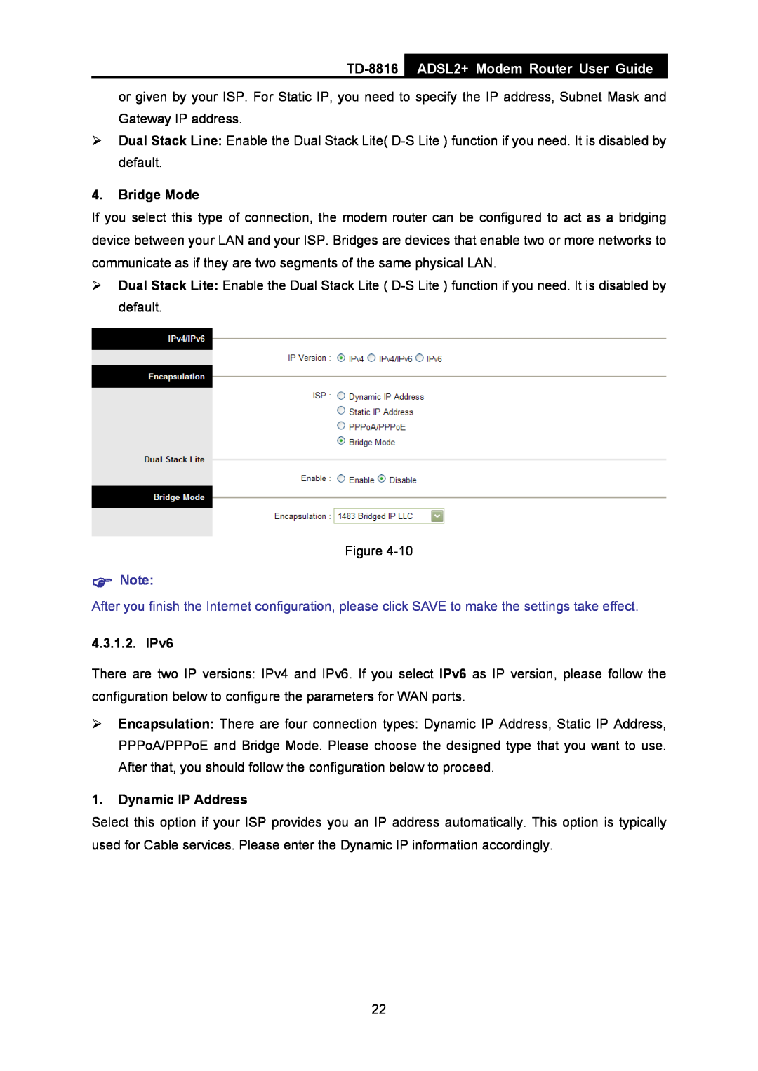 TP-Link TD-8816 manual ADSL2+ Modem Router User Guide, Bridge Mode,  Note, IPv6, Dynamic IP Address 