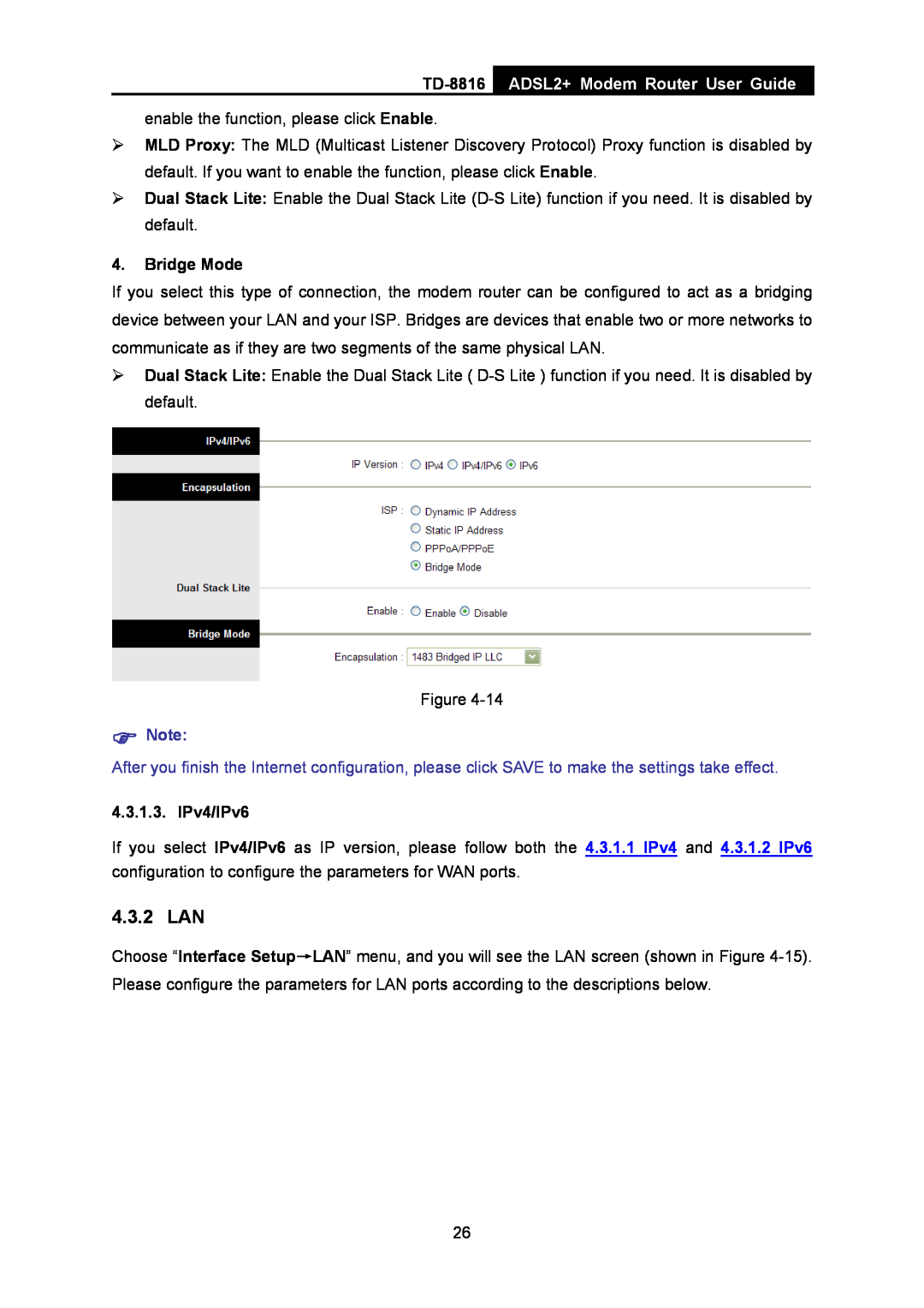 TP-Link TD-8816 manual 4.3.2 LAN, ADSL2+ Modem Router User Guide, Bridge Mode,  Note, IPv4/IPv6 