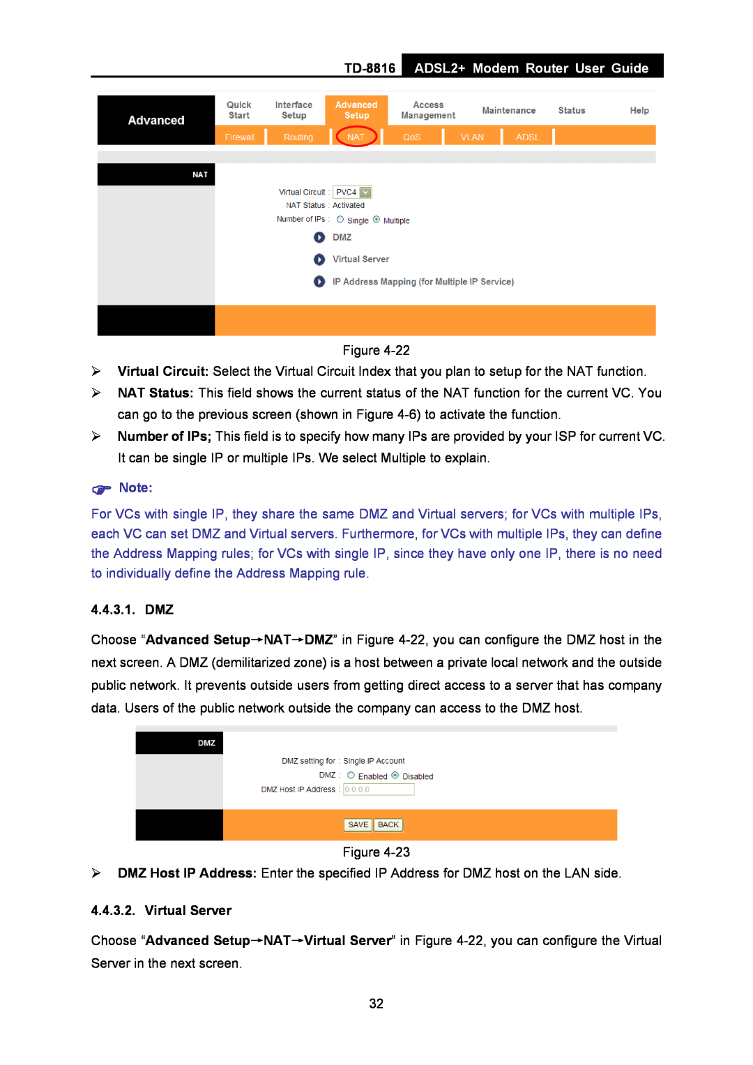 TP-Link TD-8816 manual ADSL2+ Modem Router User Guide,  Note, Dmz, Virtual Server 