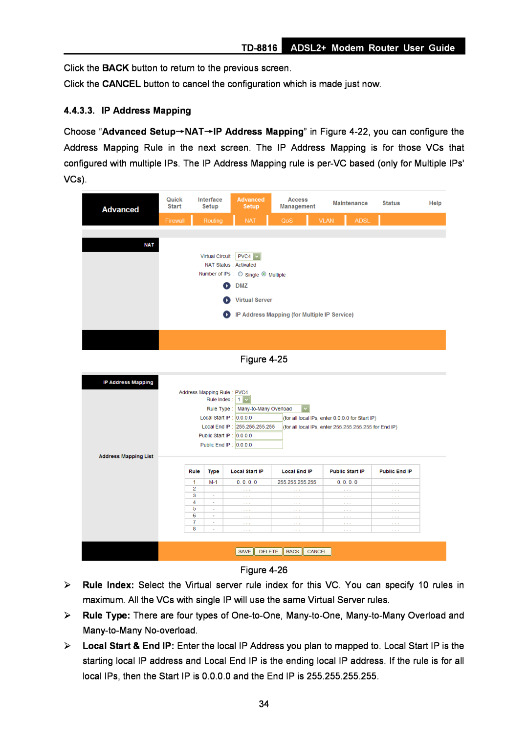 TP-Link TD-8816 ADSL2+ Modem Router User Guide, Click the BACK button to return to the previous screen, IP Address Mapping 