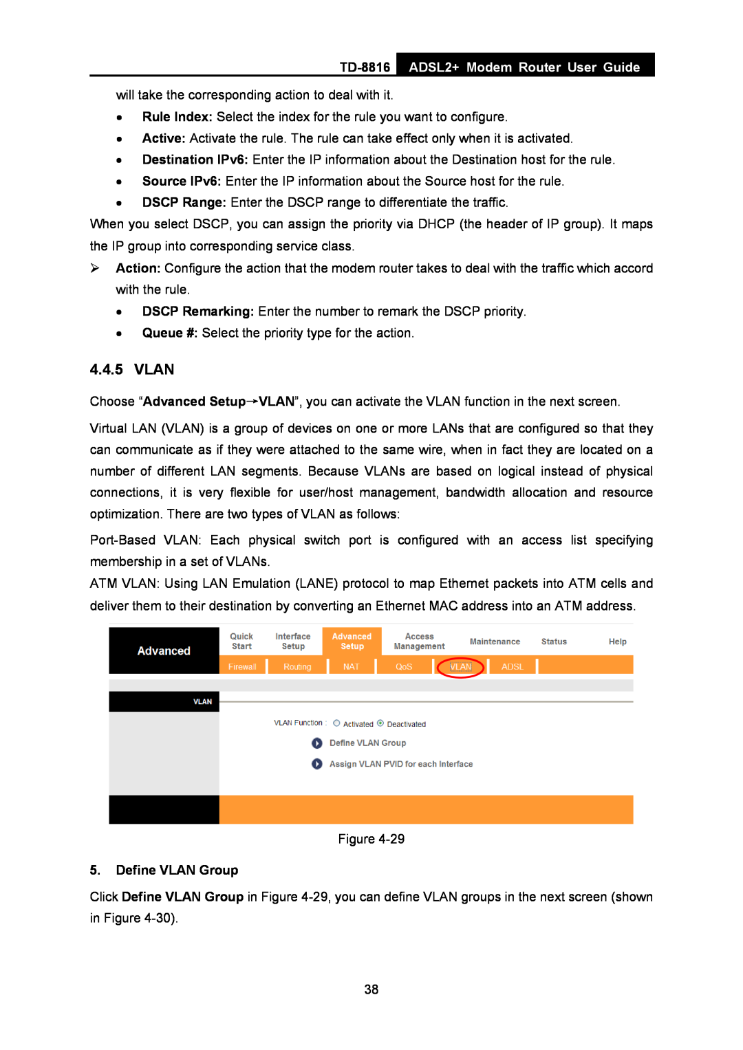 TP-Link TD-8816 manual Vlan, ADSL2+ Modem Router User Guide, Define VLAN Group 