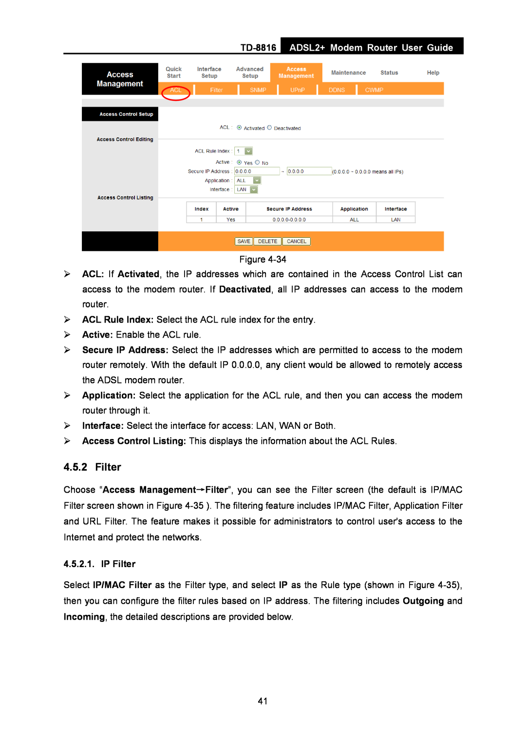 TP-Link TD-8816 manual ADSL2+ Modem Router User Guide, IP Filter 