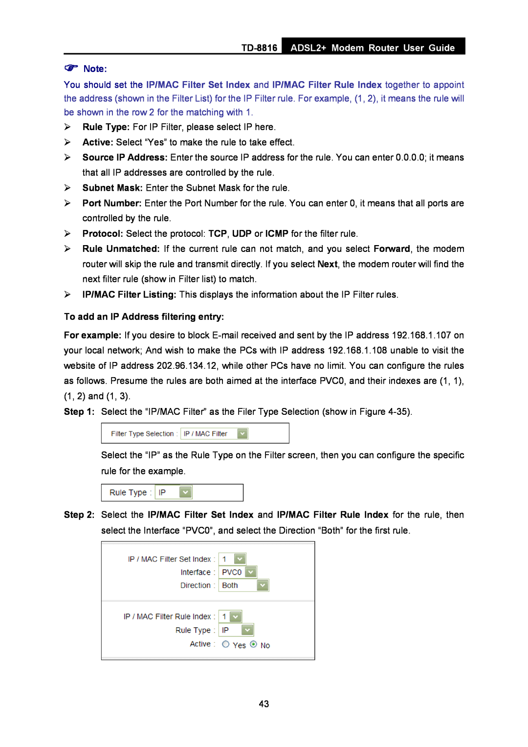 TP-Link TD-8816 manual ADSL2+ Modem Router User Guide,  Note,  Rule Type For IP Filter, please select IP here 