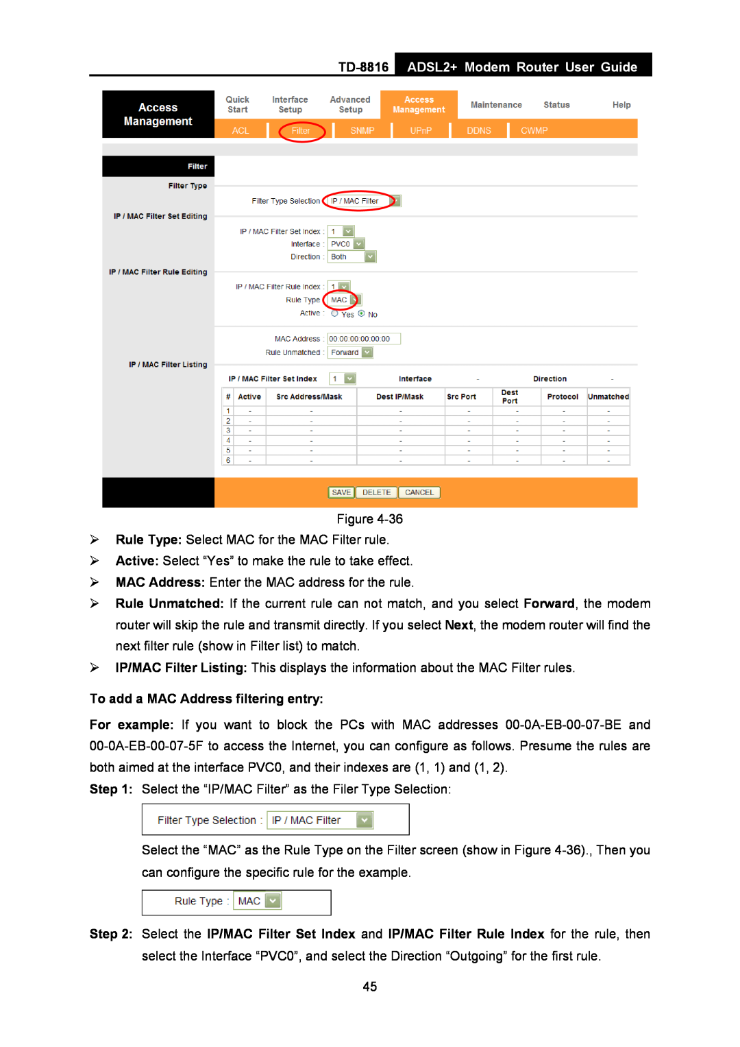 TP-Link TD-8816 manual ADSL2+ Modem Router User Guide, To add a MAC Address filtering entry 