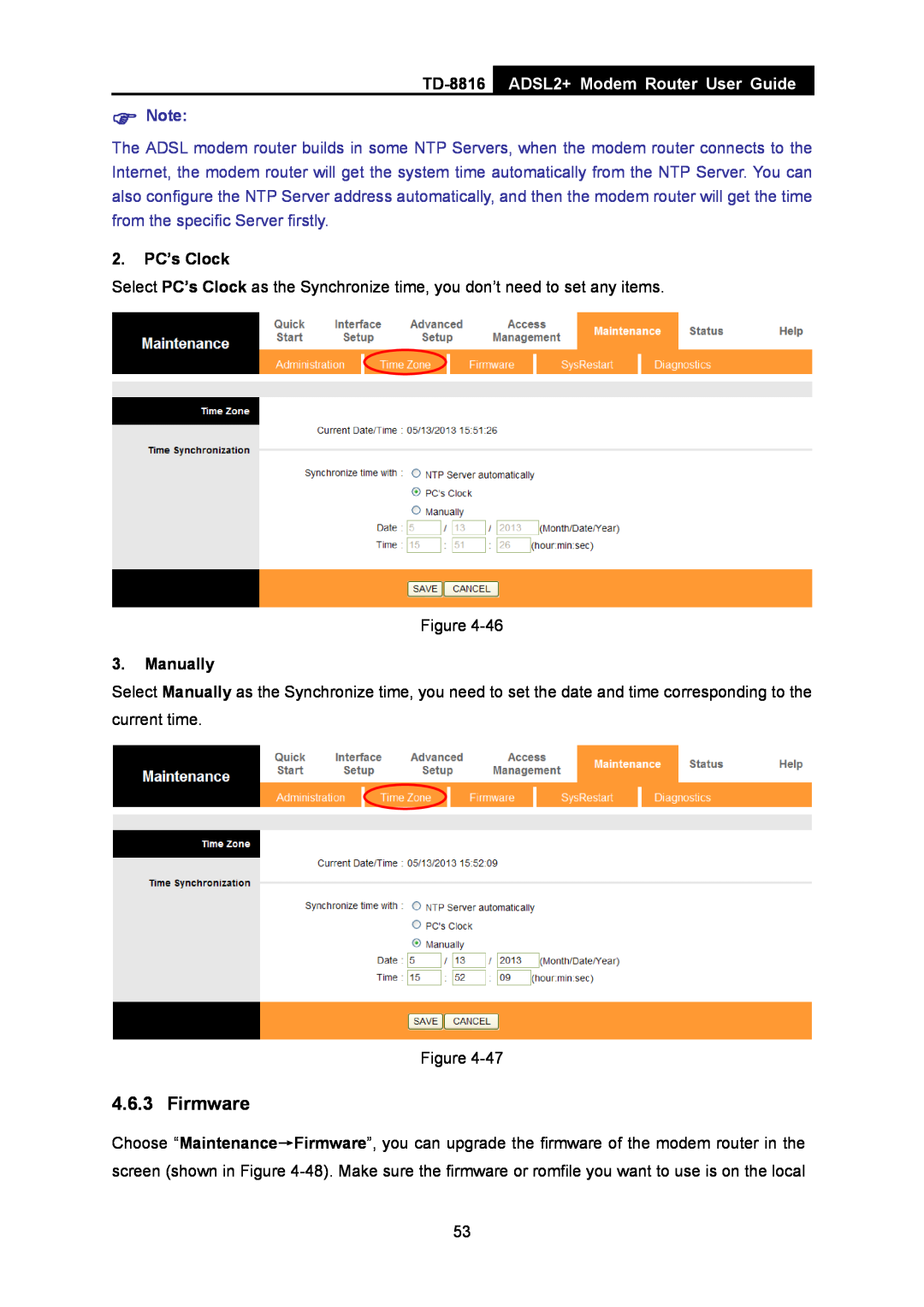 TP-Link TD-8816 manual Firmware, ADSL2+ Modem Router User Guide,  Note, 2. PC’s Clock, Manually 
