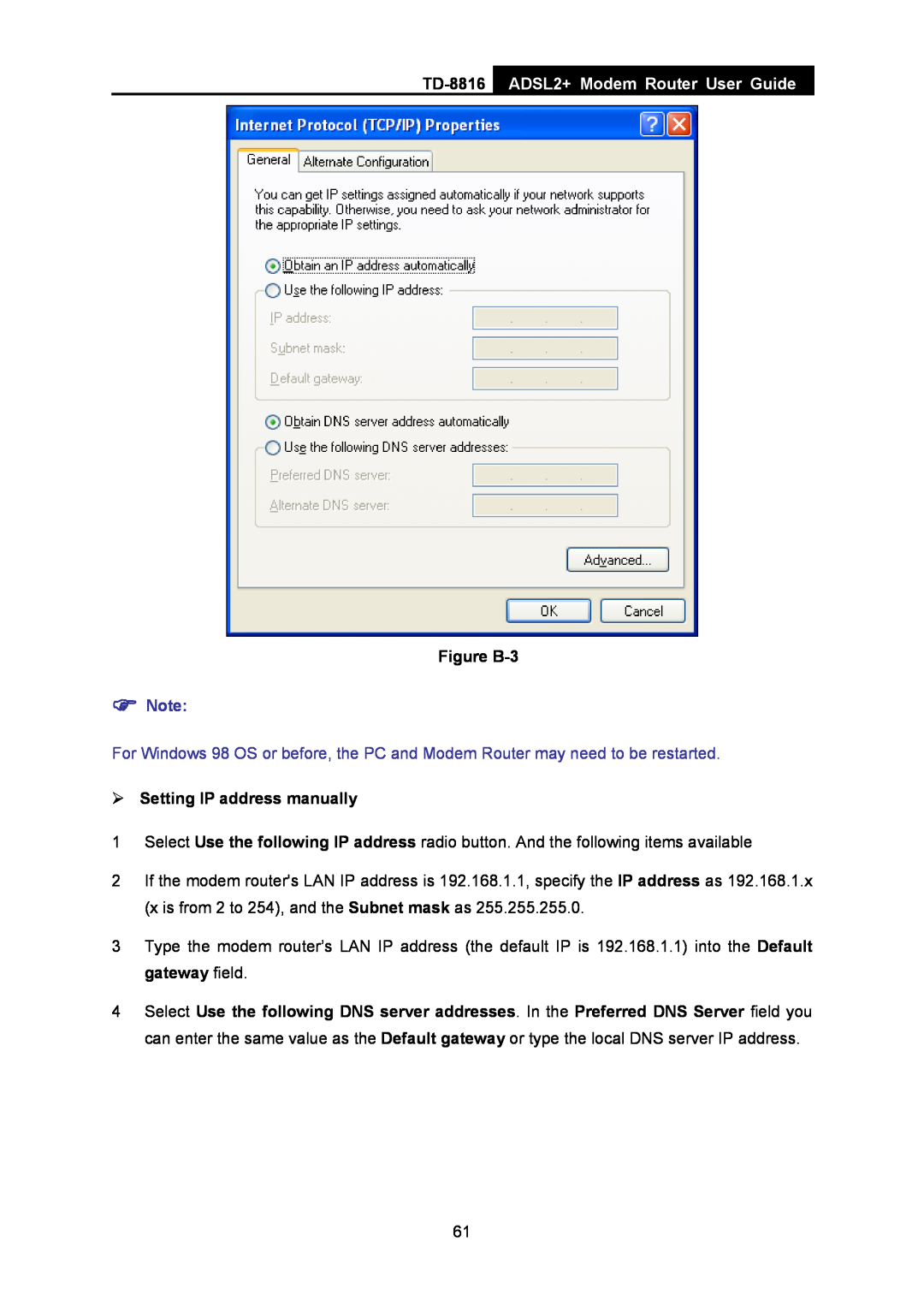 TP-Link TD-8816 ADSL2+ Modem Router User Guide, Figure B-3,  Note,  Setting IP address manually 