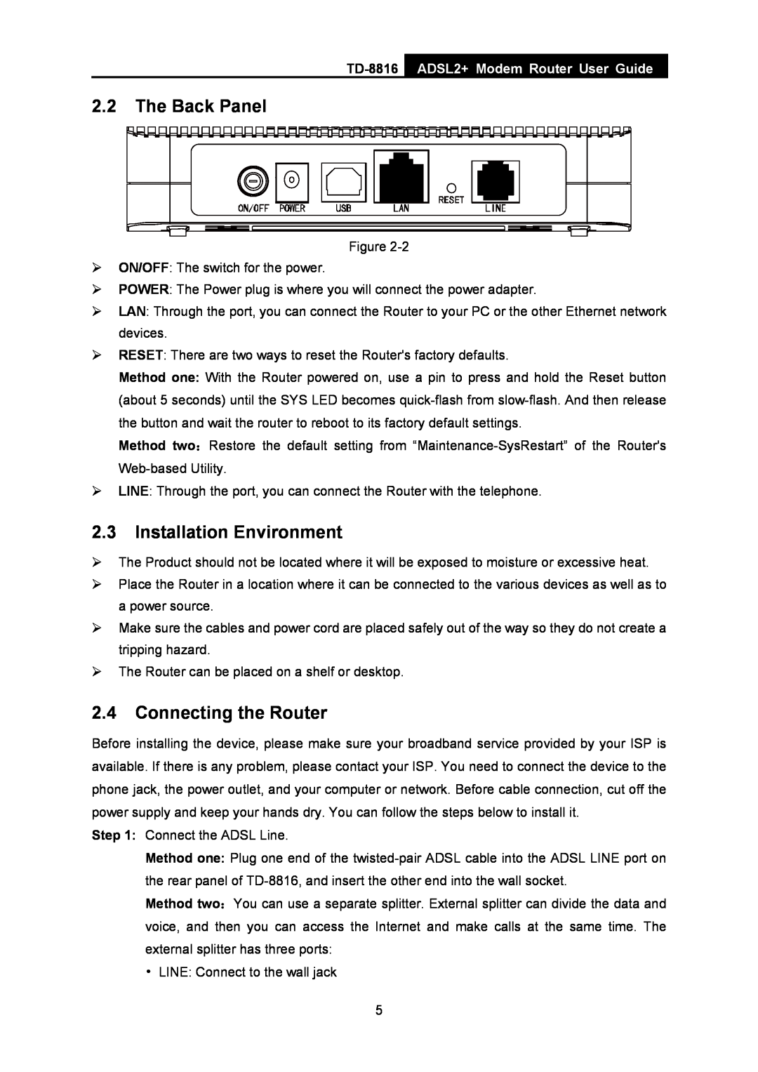 TP-Link TD-8816 manual The Back Panel, Installation Environment, Connecting the Router, ADSL2+ Modem Router User Guide 