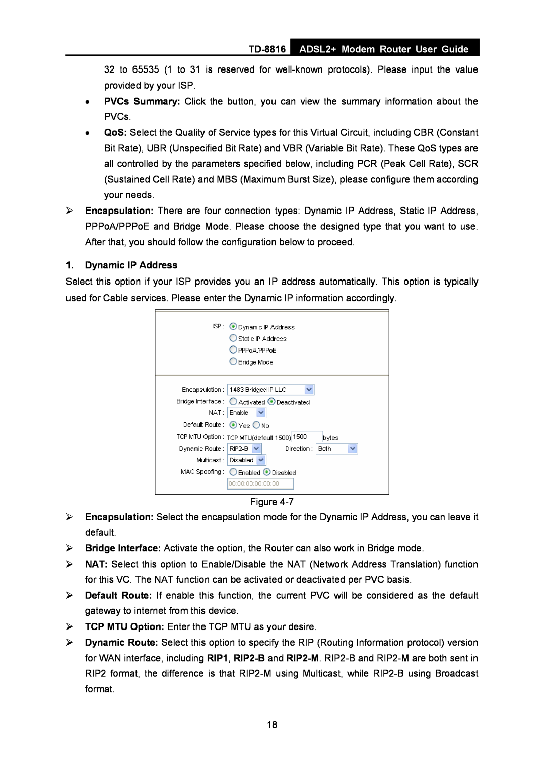 TP-Link TD-8816 ADSL2+ Modem Router User Guide, Dynamic IP Address, ¾ TCP MTU Option Enter the TCP MTU as your desire 