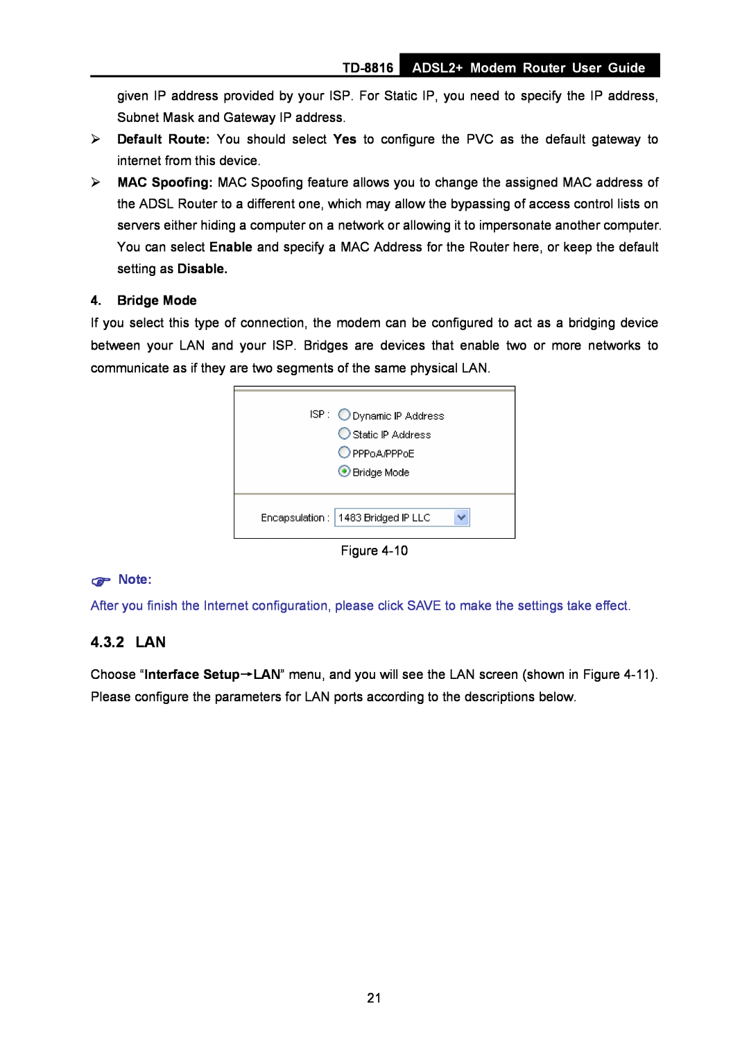 TP-Link TD-8816 manual 4.3.2 LAN, ADSL2+ Modem Router User Guide, Bridge Mode 