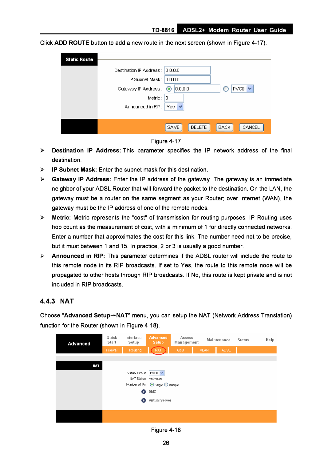 TP-Link TD-8816 manual 4.4.3 NAT, ADSL2+ Modem Router User Guide 