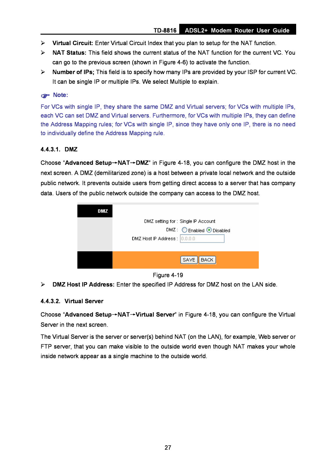 TP-Link TD-8816 manual ADSL2+ Modem Router User Guide, Dmz, Virtual Server 