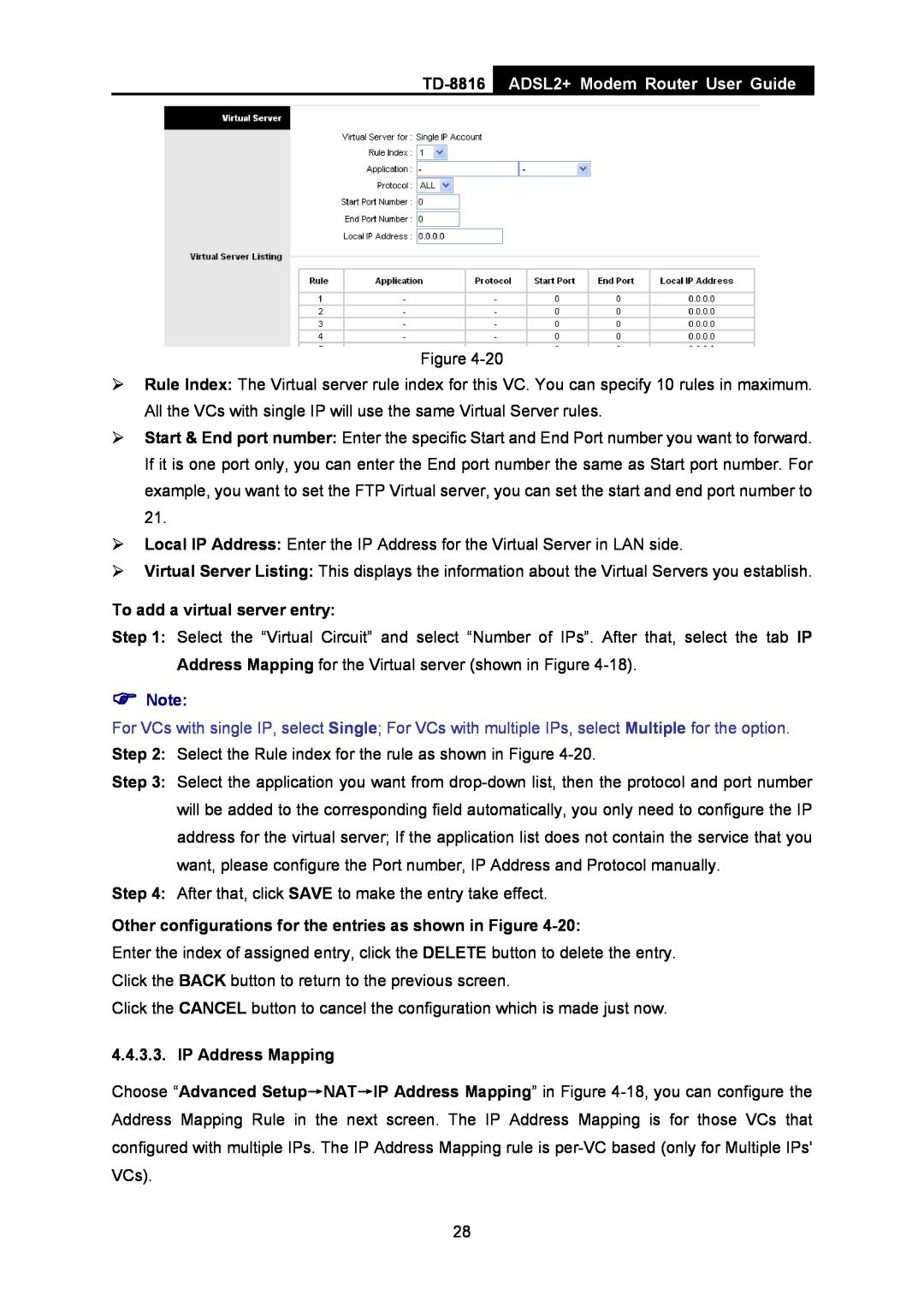 TP-Link TD-8816 manual ADSL2+ Modem Router User Guide, To add a virtual server entry, IP Address Mapping 