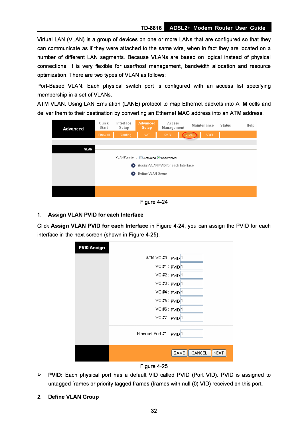 TP-Link TD-8816 manual ADSL2+ Modem Router User Guide, Assign VLAN PVID for each Interface, Define VLAN Group 