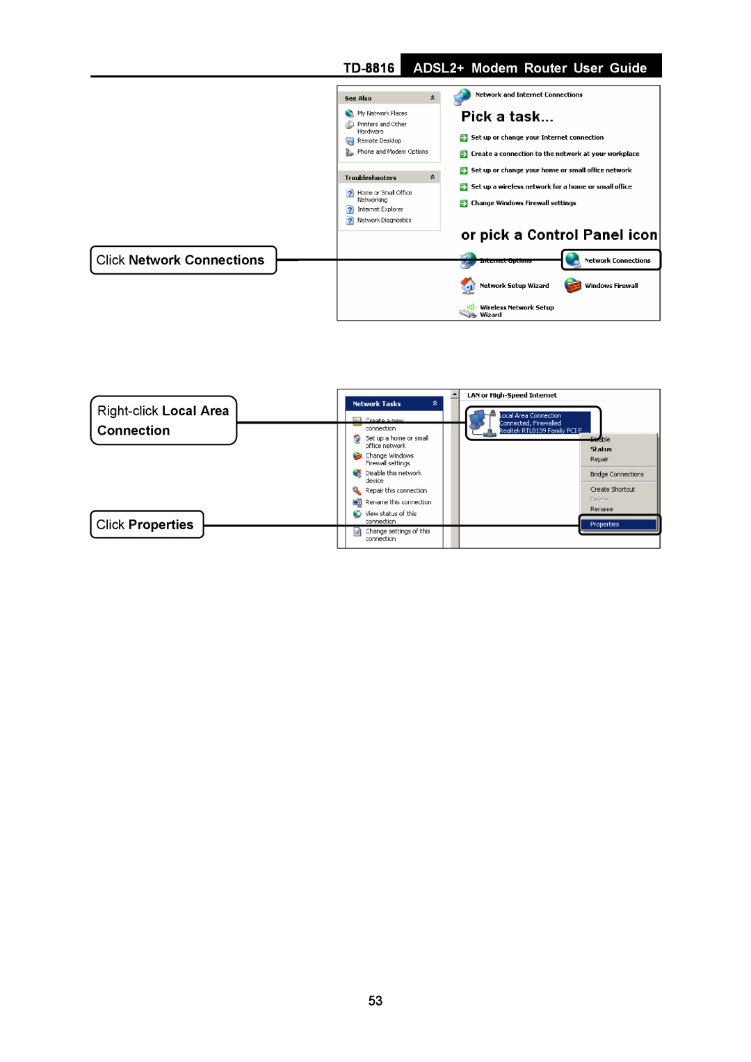 TP-Link TD-8816 manual ADSL2+ Modem Router User Guide, Click Network Connections, Right-click Local Area 