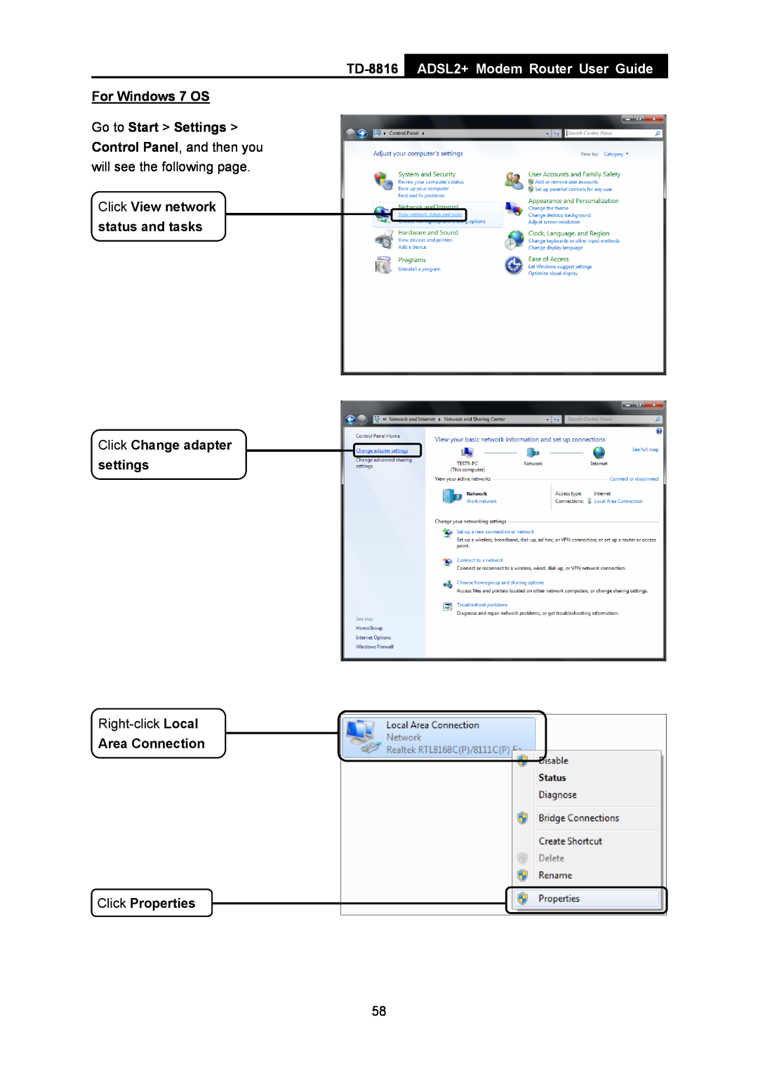 TP-Link TD-8816 manual ADSL2+ Modem Router User Guide, For Windows 7 OS, Area Connection Click Properties 
