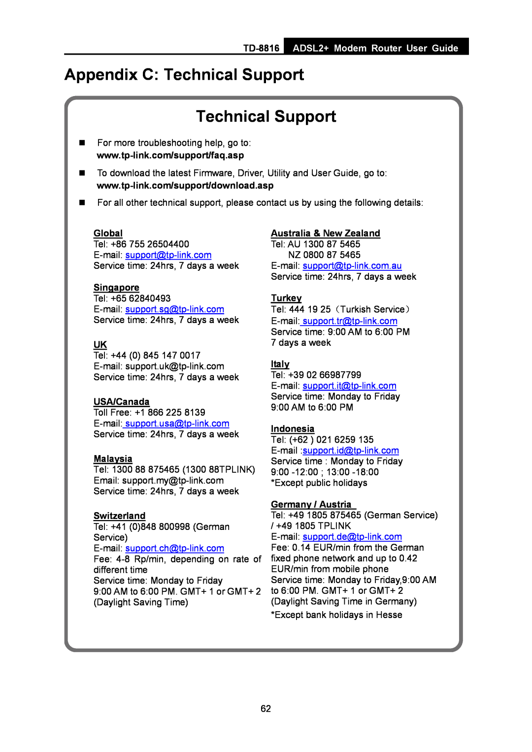 TP-Link TD-8816 Appendix C Technical Support Technical Support, ADSL2+ Modem Router User Guide, Global, Singapore, Turkey 