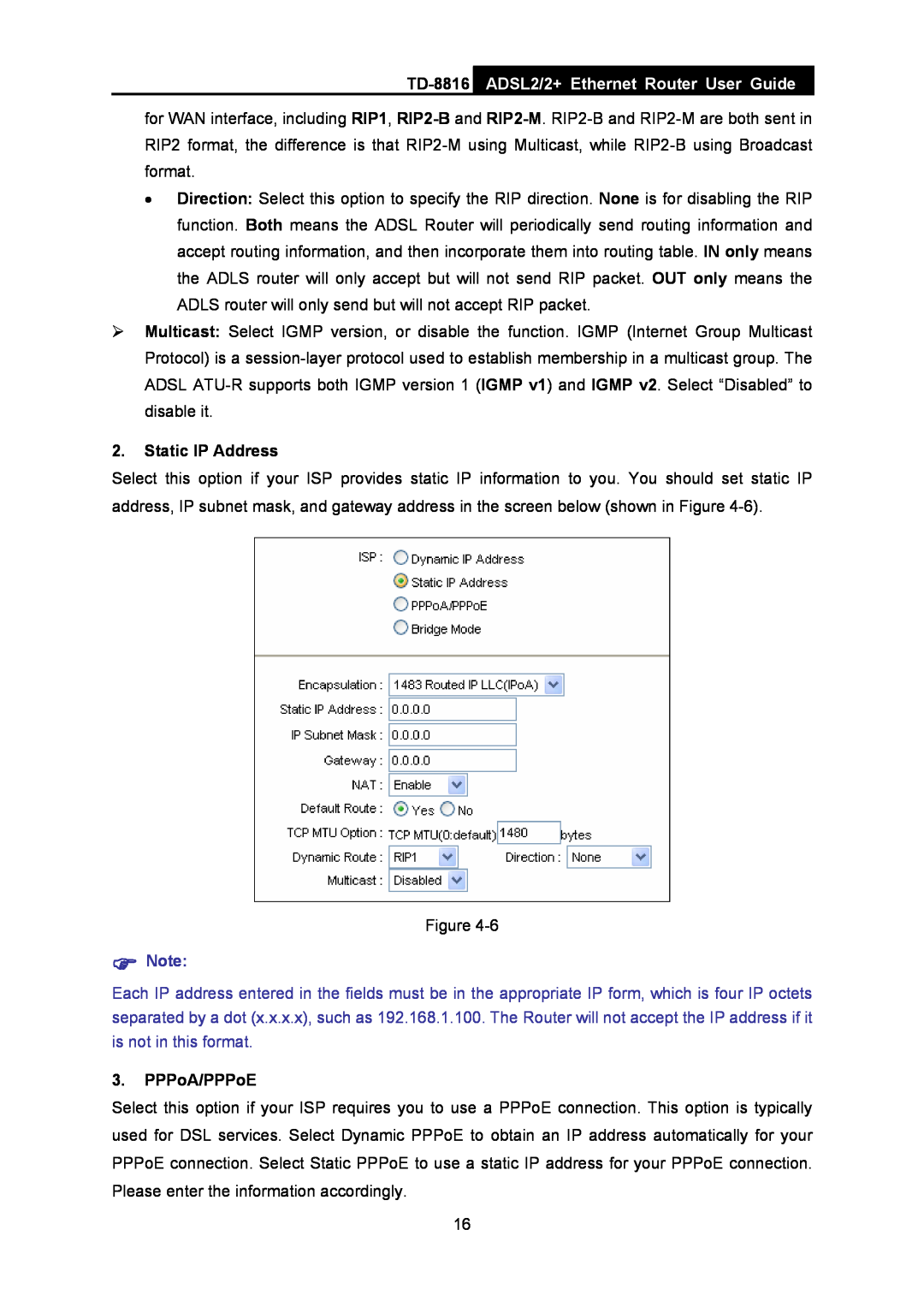 TP-Link TD-8816 manual ADSL2/2+ Ethernet Router User Guide, Static IP Address, PPPoA/PPPoE 