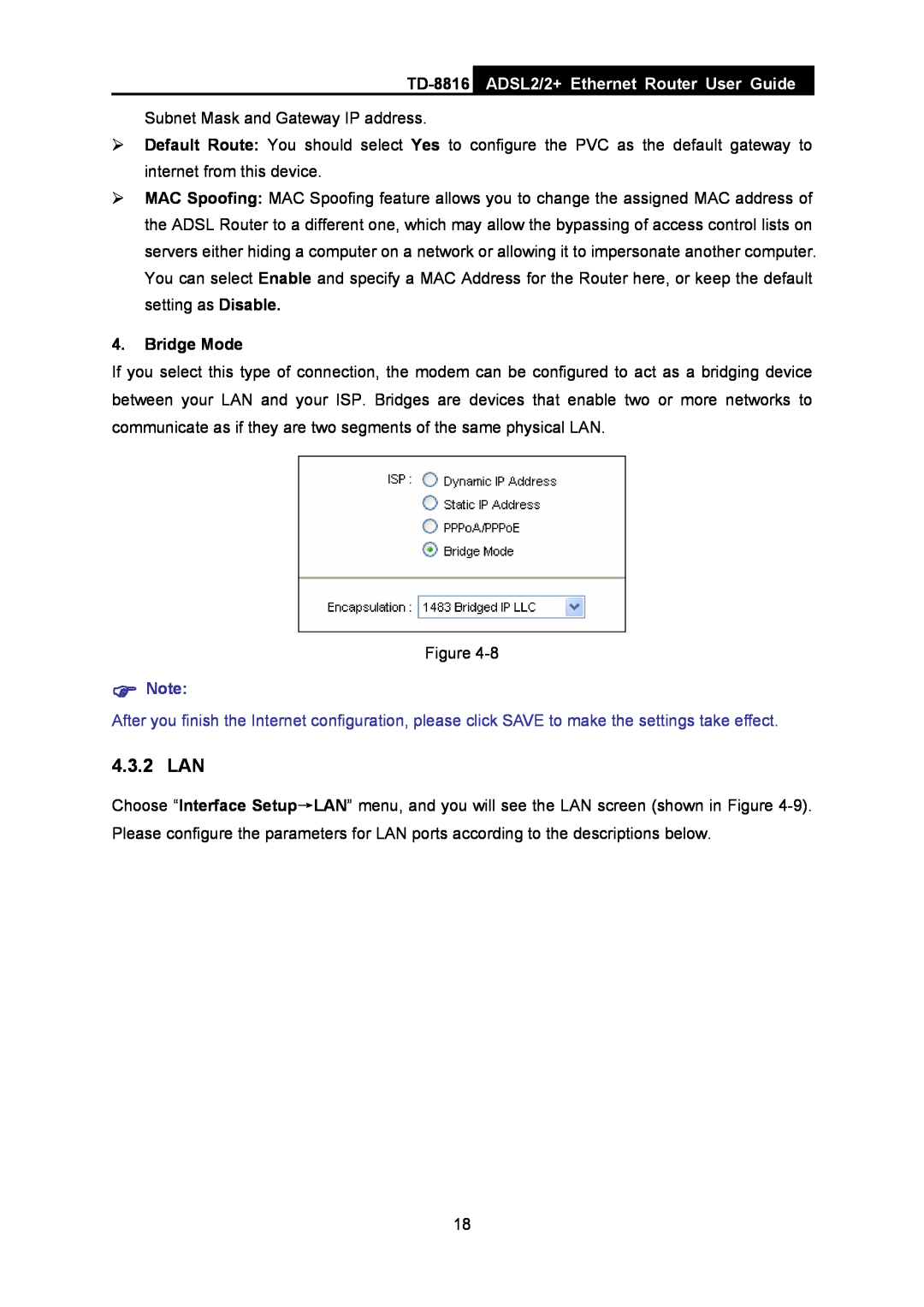 TP-Link TD-8816 manual 4.3.2 LAN, ADSL2/2+ Ethernet Router User Guide, Bridge Mode 
