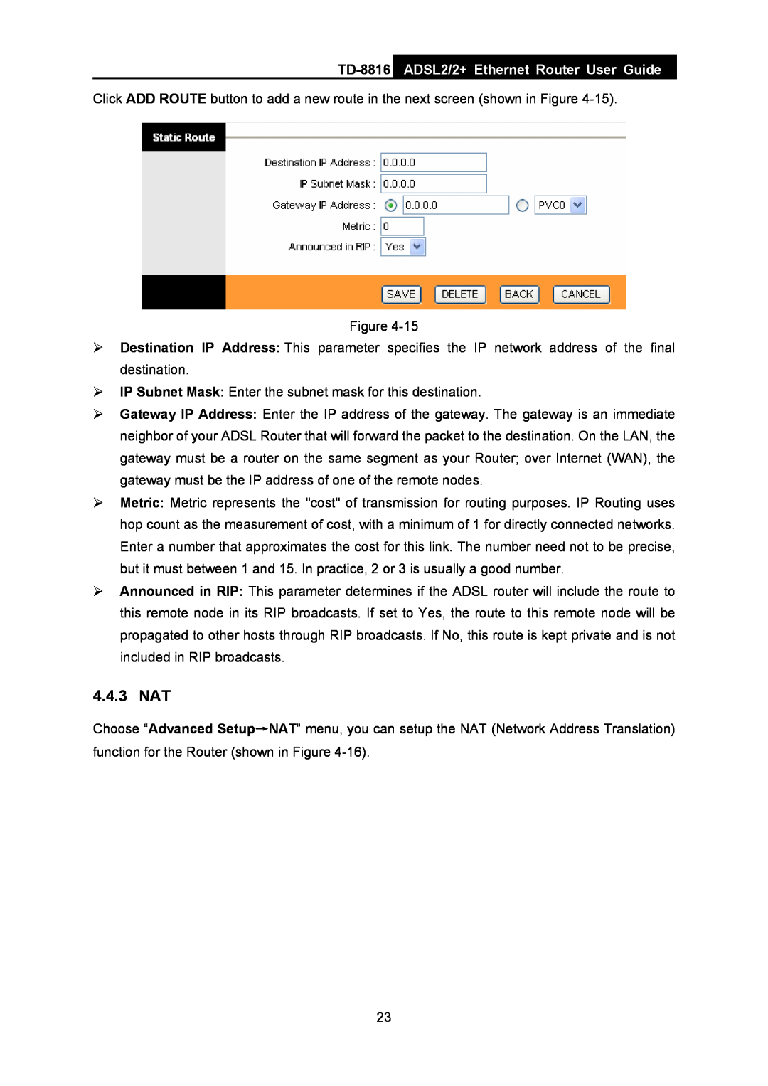 TP-Link TD-8816 manual 4.4.3 NAT, ADSL2/2+ Ethernet Router User Guide 