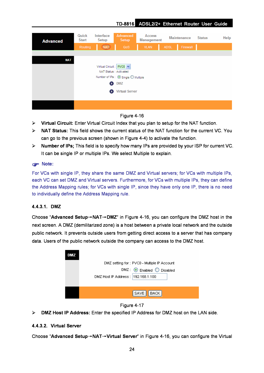 TP-Link TD-8816 manual ADSL2/2+ Ethernet Router User Guide, Dmz, Virtual Server 