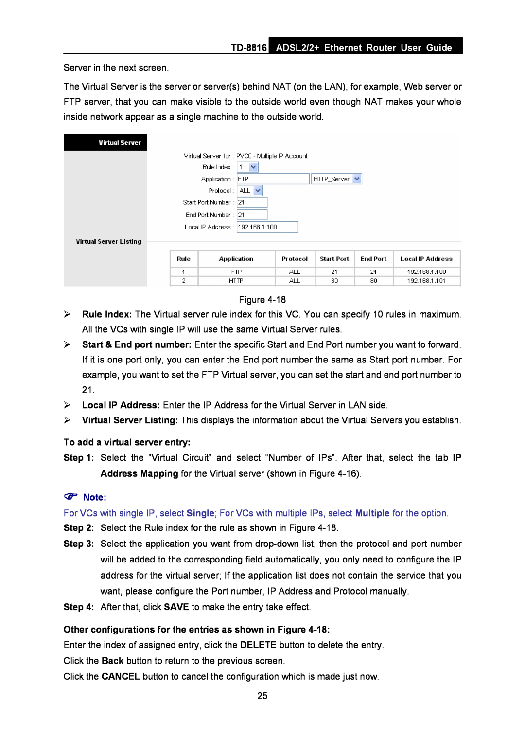 TP-Link TD-8816 manual ADSL2/2+ Ethernet Router User Guide, Server in the next screen, To add a virtual server entry 