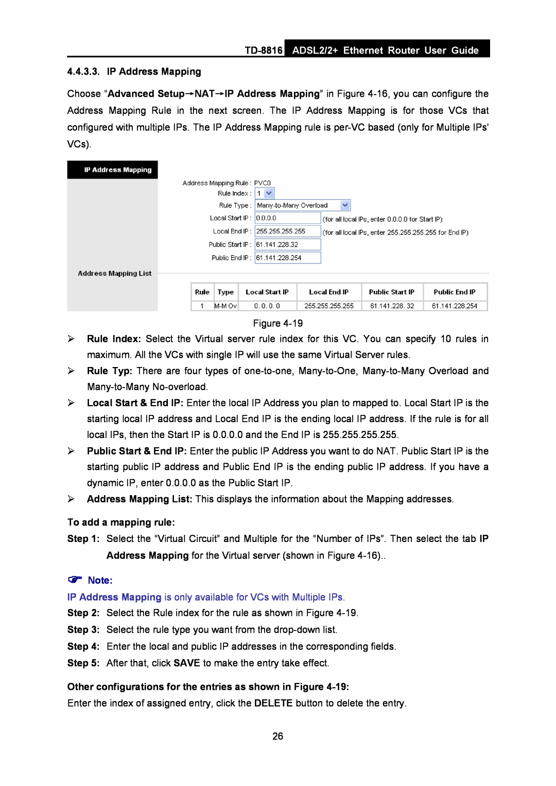 TP-Link TD-8816 manual ADSL2/2+ Ethernet Router User Guide, IP Address Mapping, To add a mapping rule 