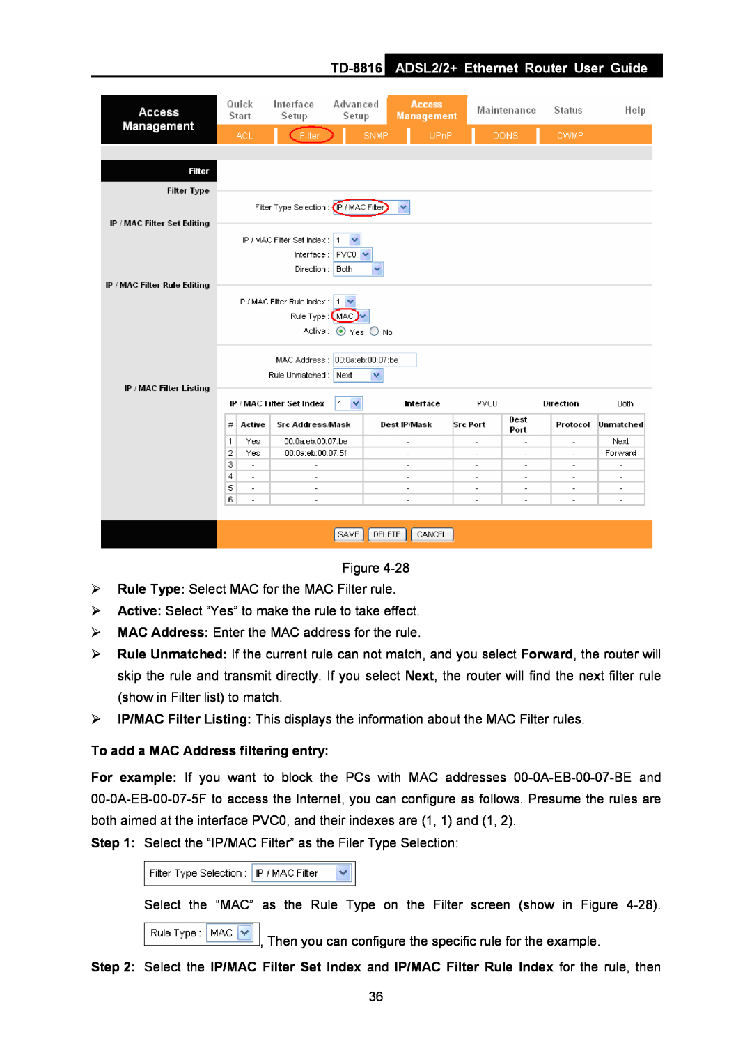 TP-Link TD-8816 manual ADSL2/2+ Ethernet Router User Guide, To add a MAC Address filtering entry 