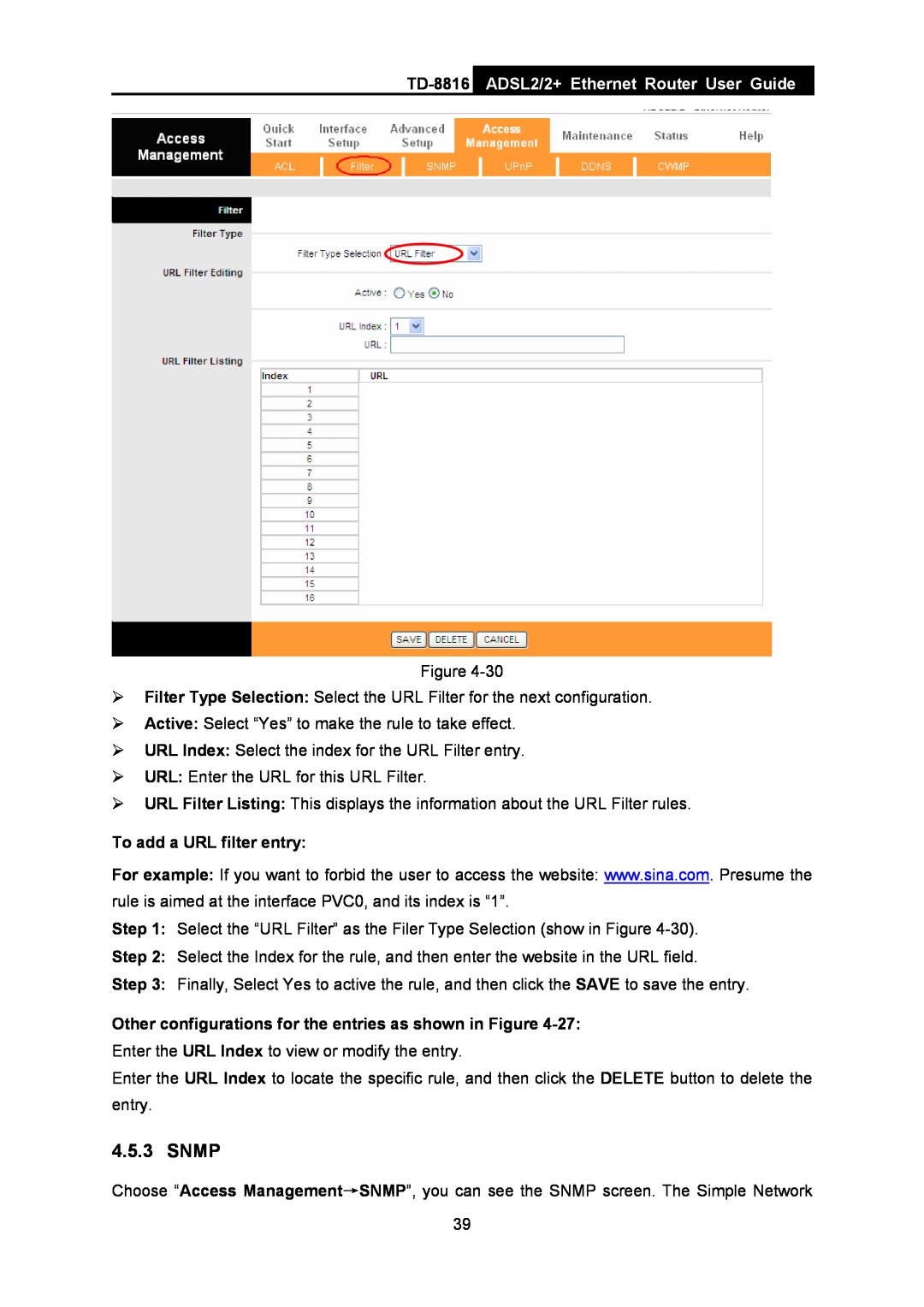 TP-Link TD-8816 manual Snmp, ADSL2/2+ Ethernet Router User Guide, To add a URL filter entry 